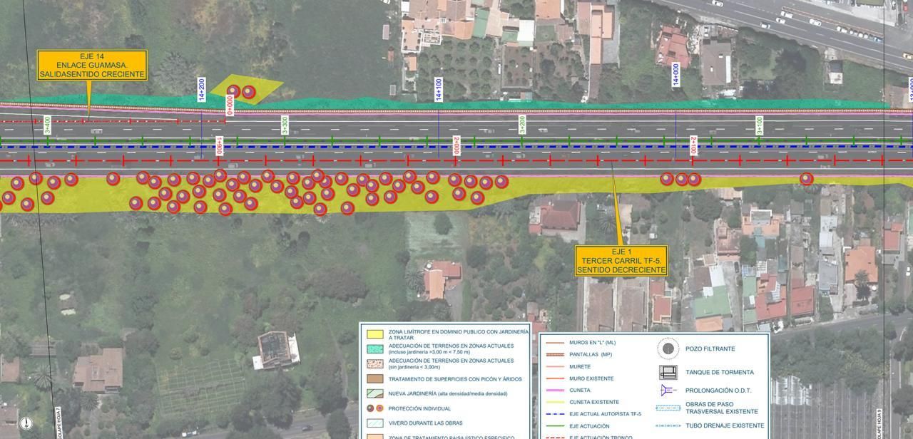 Imagen extraída del proyecto del Tercer Carril en Guamasa. Los puntos identifican árboles y palmeras que se verán afectados por la ampliación.