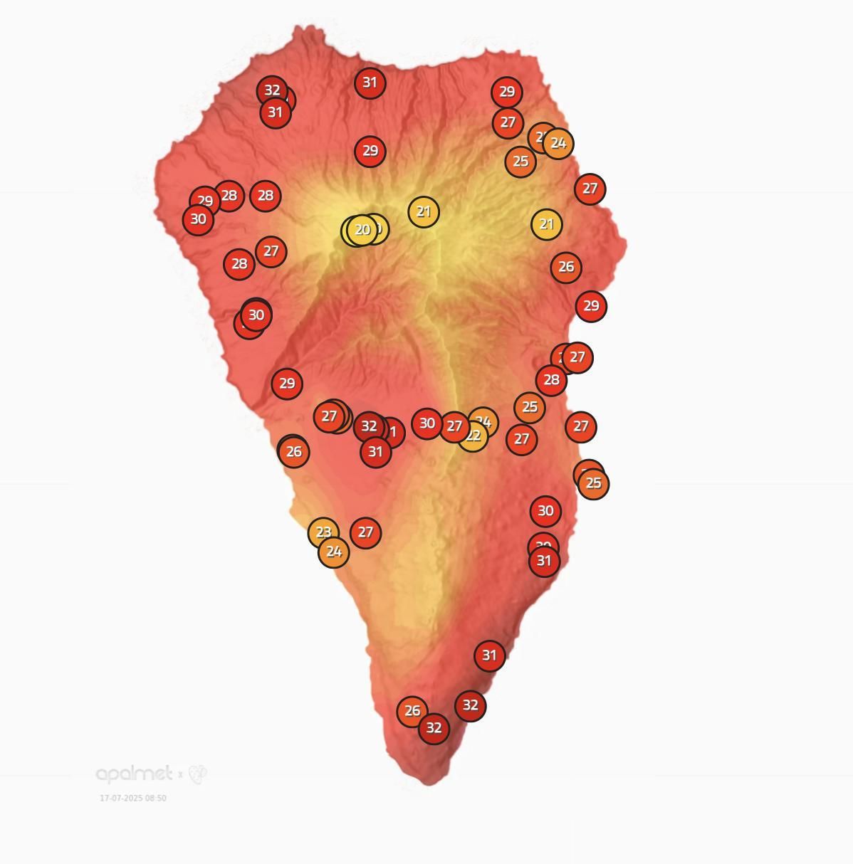 Mapa de Apalmet  con la temperatura que se registraba en diversos puntos de La Palma a las 09.00 horas de este jueves, 17 de julio.