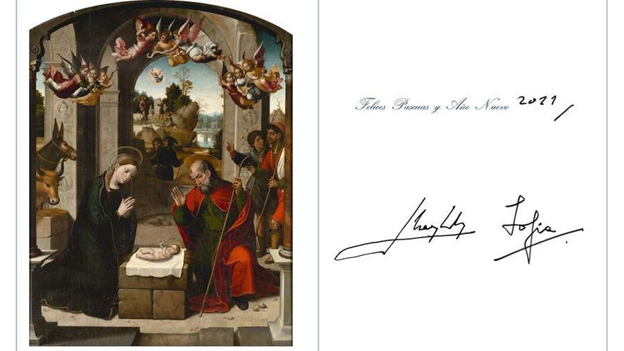 Fotografía de la postal de Navidad de los reyes eméritos, el rey Juan Carlos y la reina Sofía, que felicitan las fiestas con una imagen de un cuadro, en este caso, el retablo "La Natividad", expuesto en el Museo del Prado.