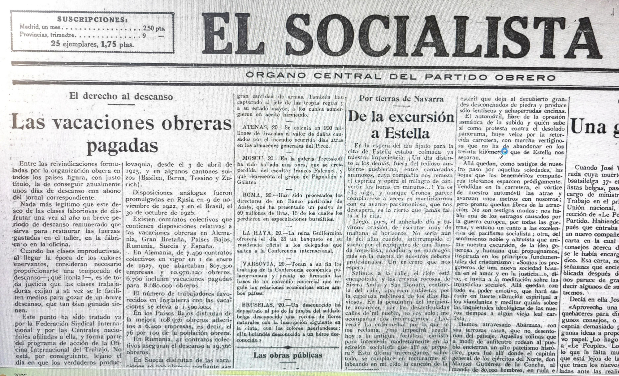 El ejemplar de 'El Socialista' con el editorial sobre el derecho al descanso 'Las vacaciones pagadas'.
