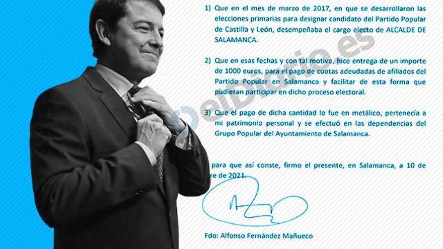 Mañueco entrega al juez documentos para probar que pagó en metálico 1.000 euros de cuotas de militantes para sus primarias