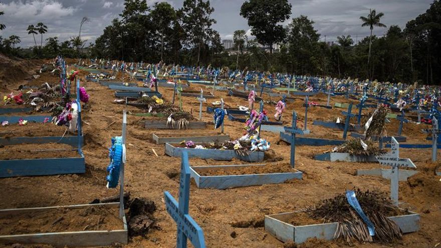 Vista de cientos de tumbas de fallecidos por COVID-19 en el cementerio Nossa Senhora Aparecida, en la ciudad de Manaos, estado Amazonas (Brasil).