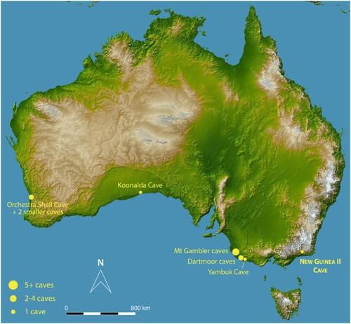 Emplacement des 39 grottes de calcaire australiennes connues contenant des stries de doigts.