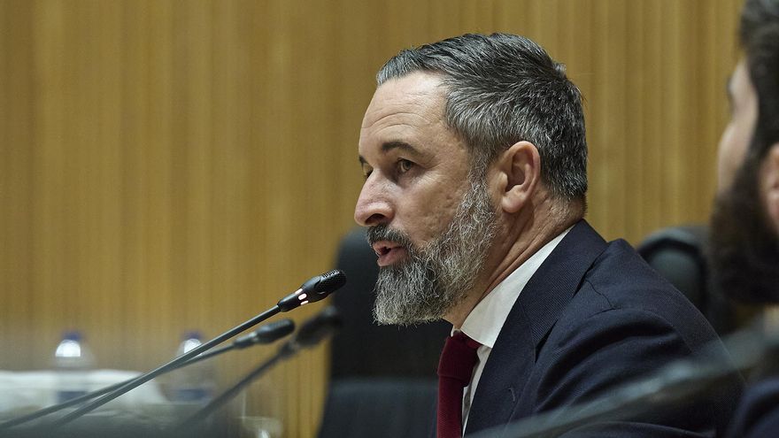 El presidente de Vox, Santiago Abascal, clausura las jornadas sobre libertad de expresión, en el Congreso de los Diputados.