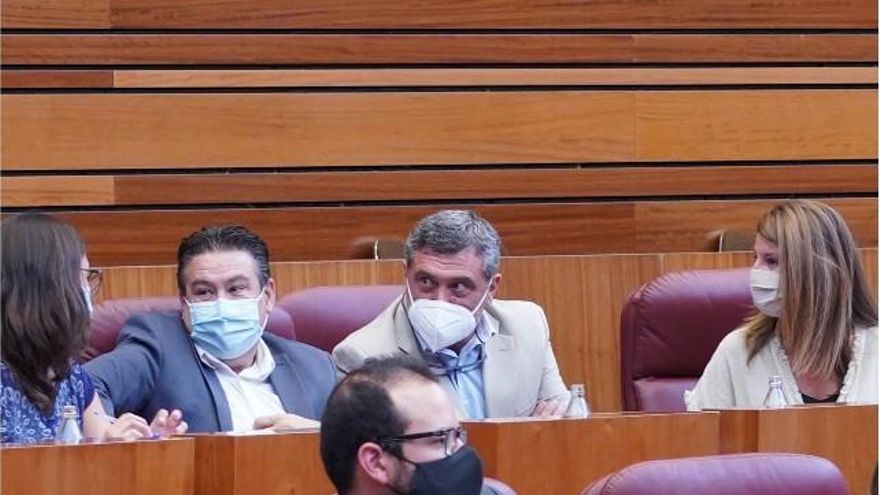 (I a D) Laura Domínguez (Podemos); Luis Mariano Santos (UPL); Pedro José Pascual (Por Ávila) y Fátima Pinacho (Vox) en el Pleno de las Cortes. / Miriam Chacón / ICAL