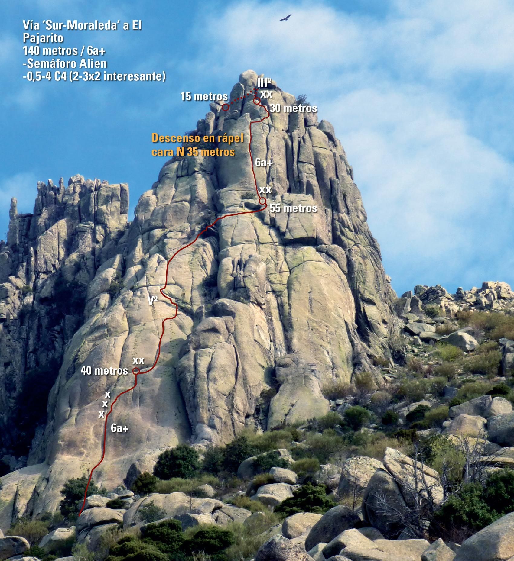 Vía ‘Sur-Moraleda’ a El Pajarito (140 metros / 6a+)