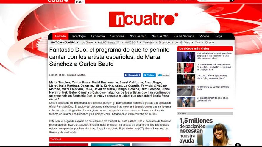 Noticia de 'Fantastic Duo' en la web de Cuatro