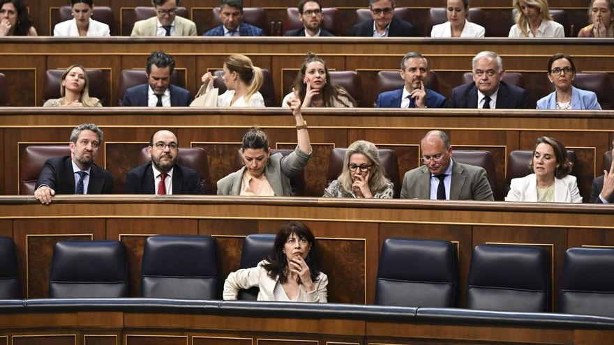 La diputada del PP, María del Mar González muestra el sentido del voto durante el pleno del Congreso este jueves en Madrid.