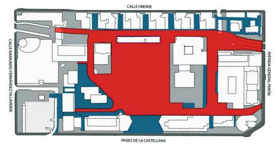Espacio público (en rojo) y privado (en azul) de la zona de AZCA