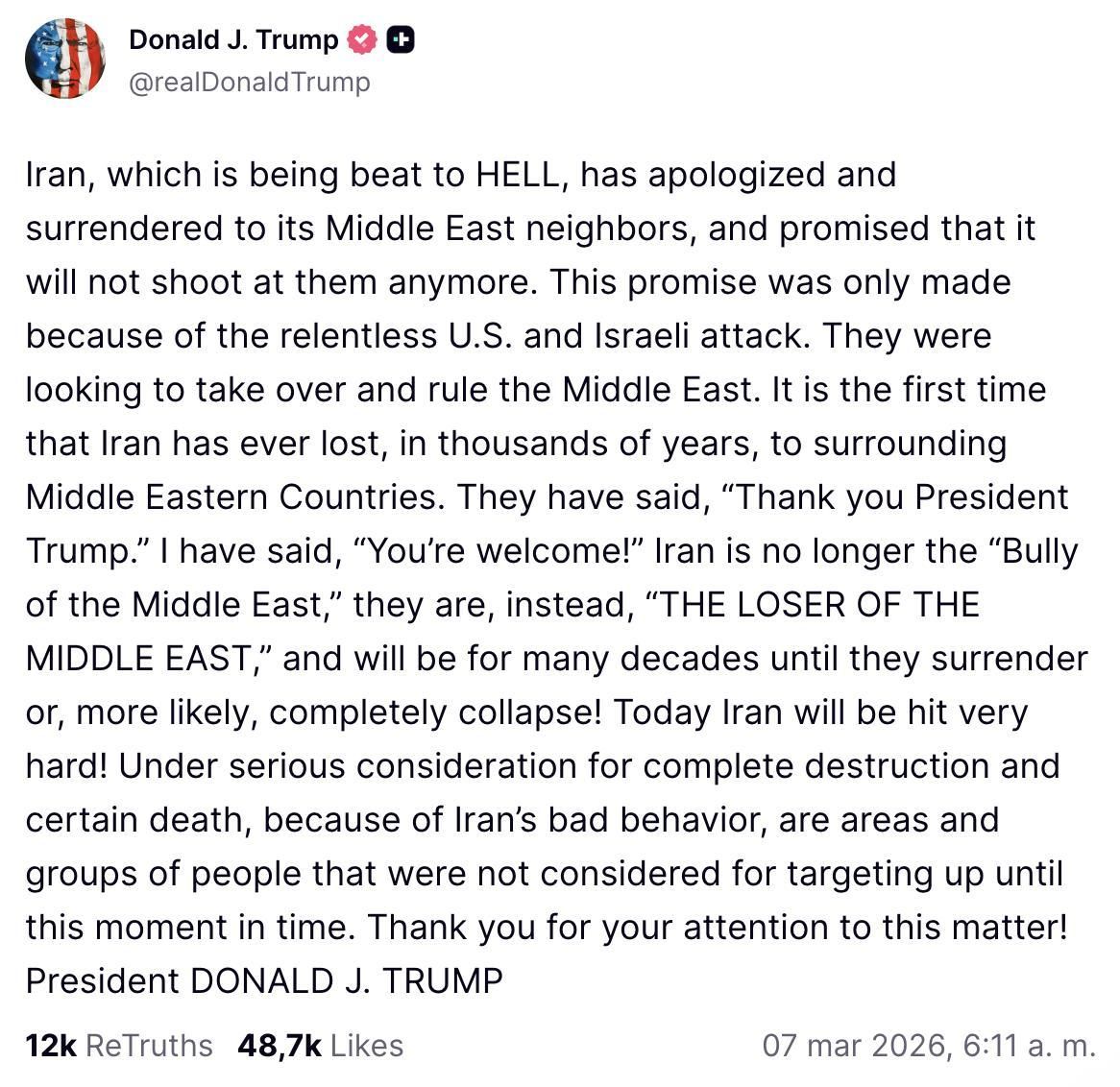 Truth Social de Trump sobre la "destrucción total" de Irán.