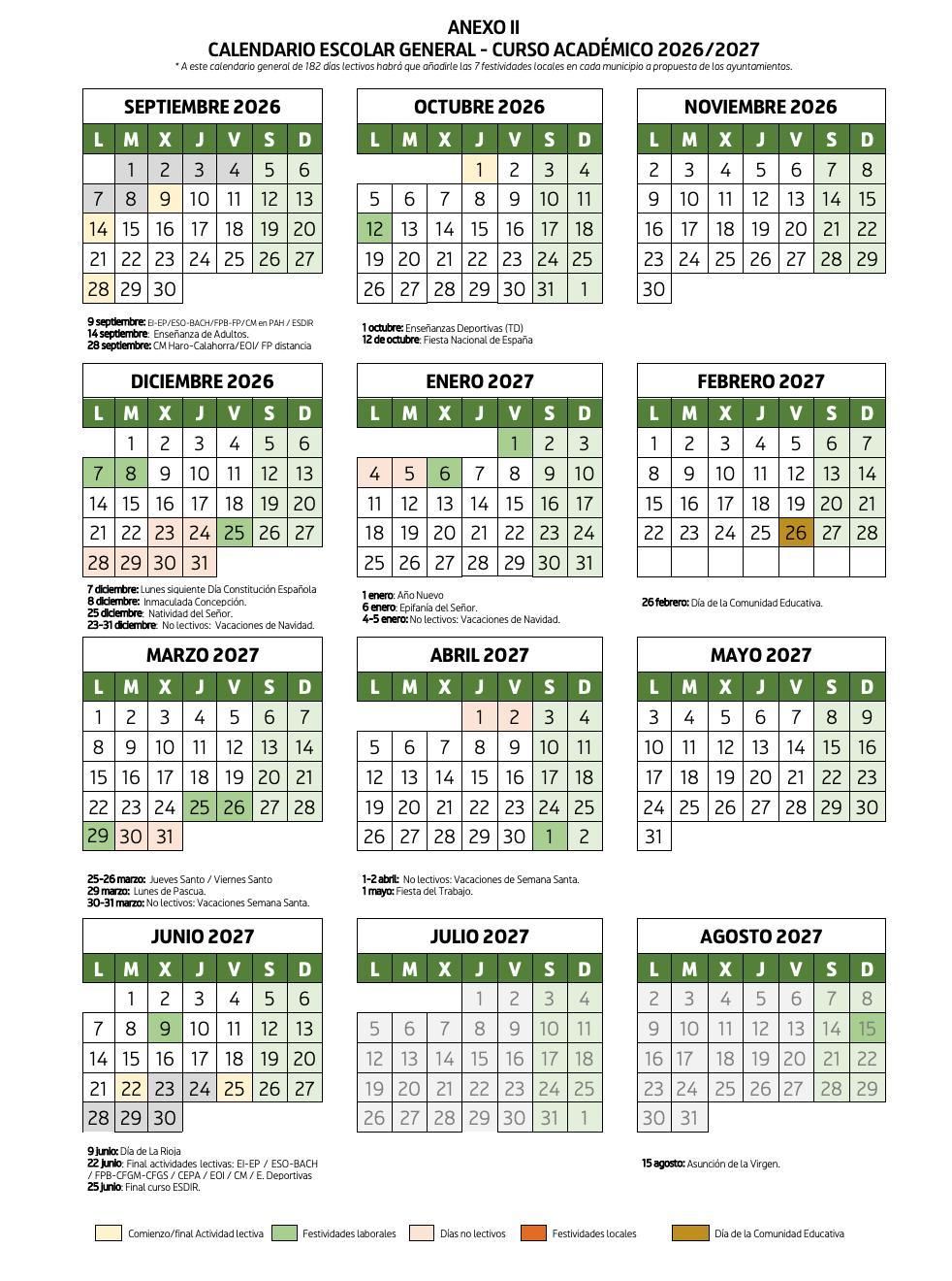 Calendario escolar 2026-2027 en La Rioja