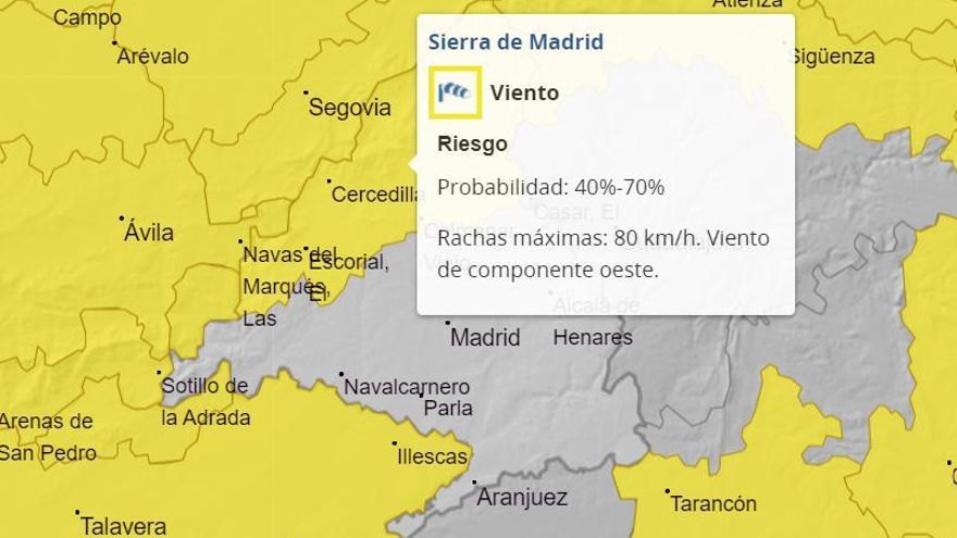 Alerta por vientos en la sierra de Madrid el lunes y martes y por nevadas a partir del miércoles