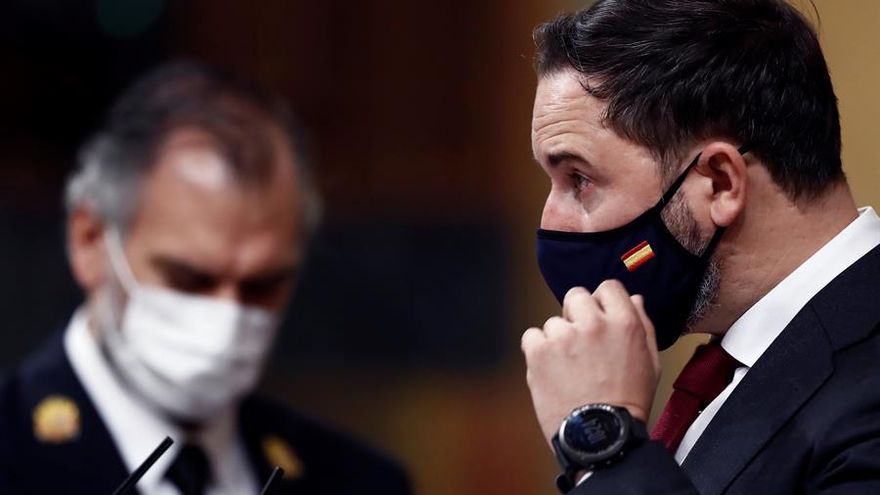 El líder de Vox, Santiago Abascal durante su intervención durante la moción de censura de su partido al gobierno de coalición en el Congreso de los Diputados este miércoles