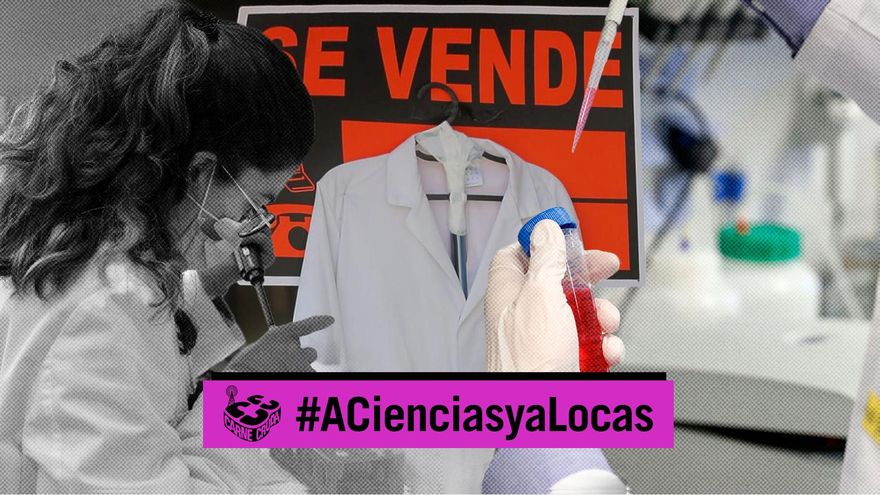 En el centro pancarta en una manifestación por la ciencia entre trabajos de laboratorio