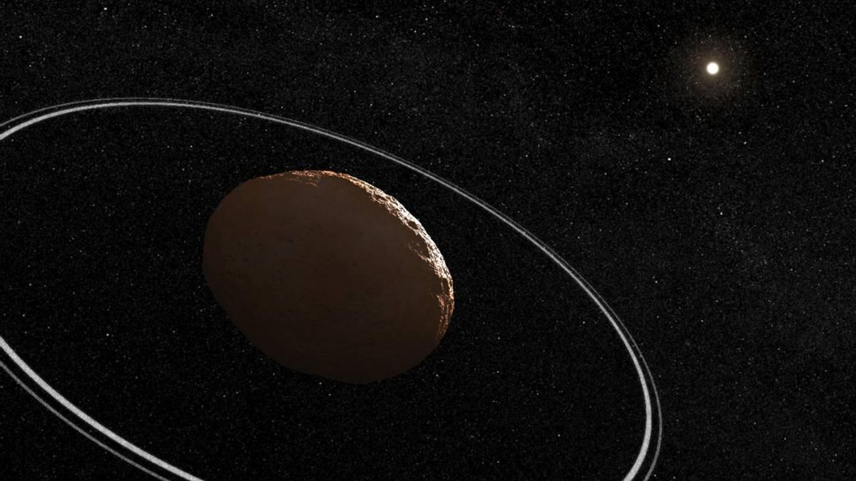 Ilustración del planeta enano Cariclo (situado entre Saturno y Urano) con sus anillos.