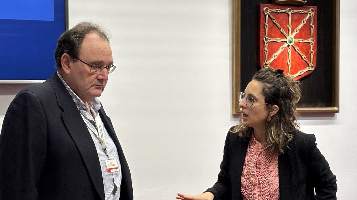 El director facultativo de la obra de Belate, Benjamín Lasheras, conversa con la presidenta de la comisión de investigación del Parlamento de Navarra, Irati Jiménez.