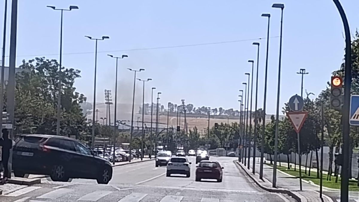 Columna de humo generada por el incendio de pastos junto al estadio El Arcángel.