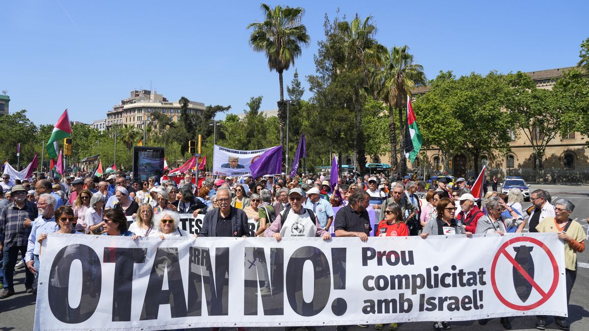 Plataformas a favor de Palestin, en una manifestacion para denunciar la situación en Gaza y el papel de la OTAN. EFE/Alejandro García