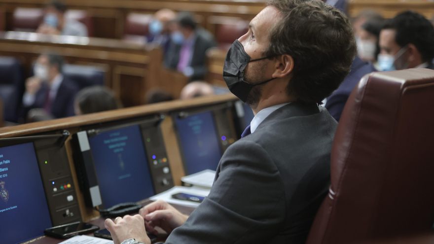 El líder del PP, Pablo Casado, en una sesión de control al Gobierno en el Congreso de los Diputados, a 15 de septiembre de 2021, en Madrid, (España).