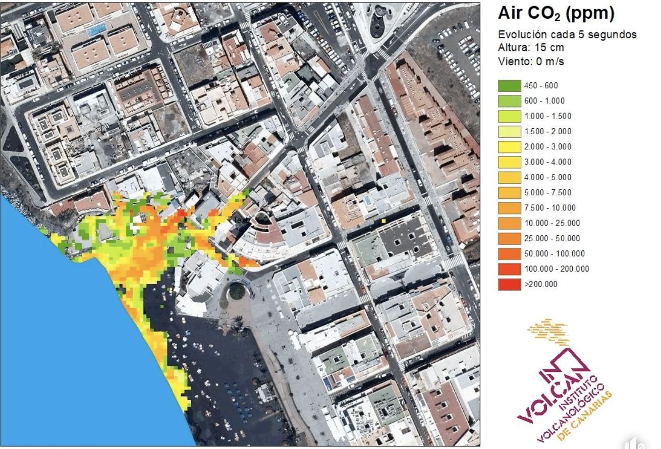 Imagen captada de la animación en la que se muestra, como ejemplo, la variación en la concentración de CO2 a una altura de 15 cm a lo largo de 10 minutos y en condiciones de viento casi ausente en el espacio exterior de Puerto Naos.