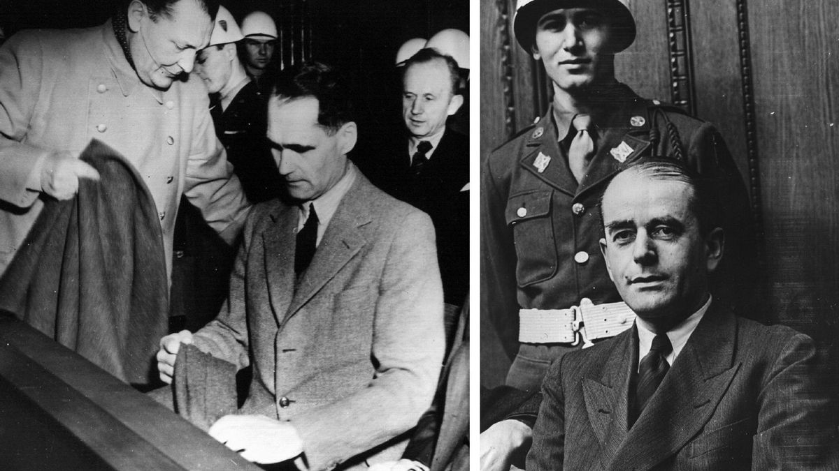A la izquierda, Hermann Göhring, Rudolf Hess y Karl Doenitz (detrás). A la de la derecha a Albert Speer durante los juicios de Núremberg.