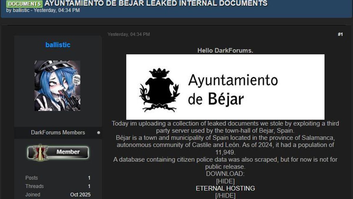 Publicación del hacker en la darkweb.