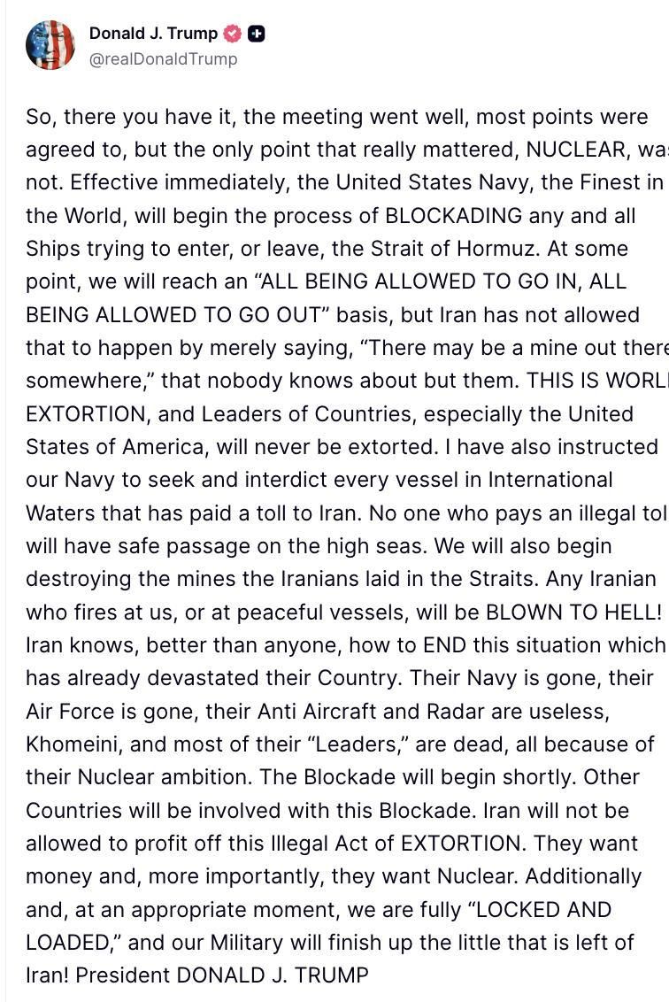 Truth Social de Trump sobre Irán.