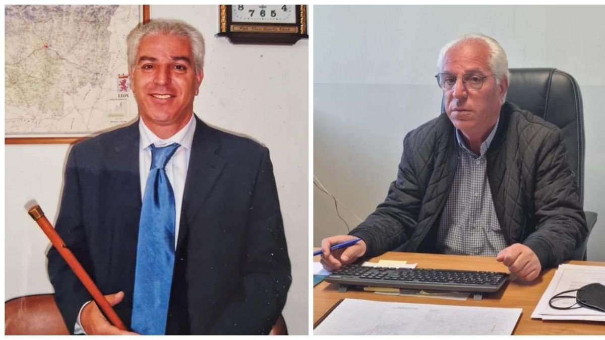 Juan Blas Peña con su primer bastón de mando y hoy en el despacho de la Alcaldía de Villamoratiel de las Matas.