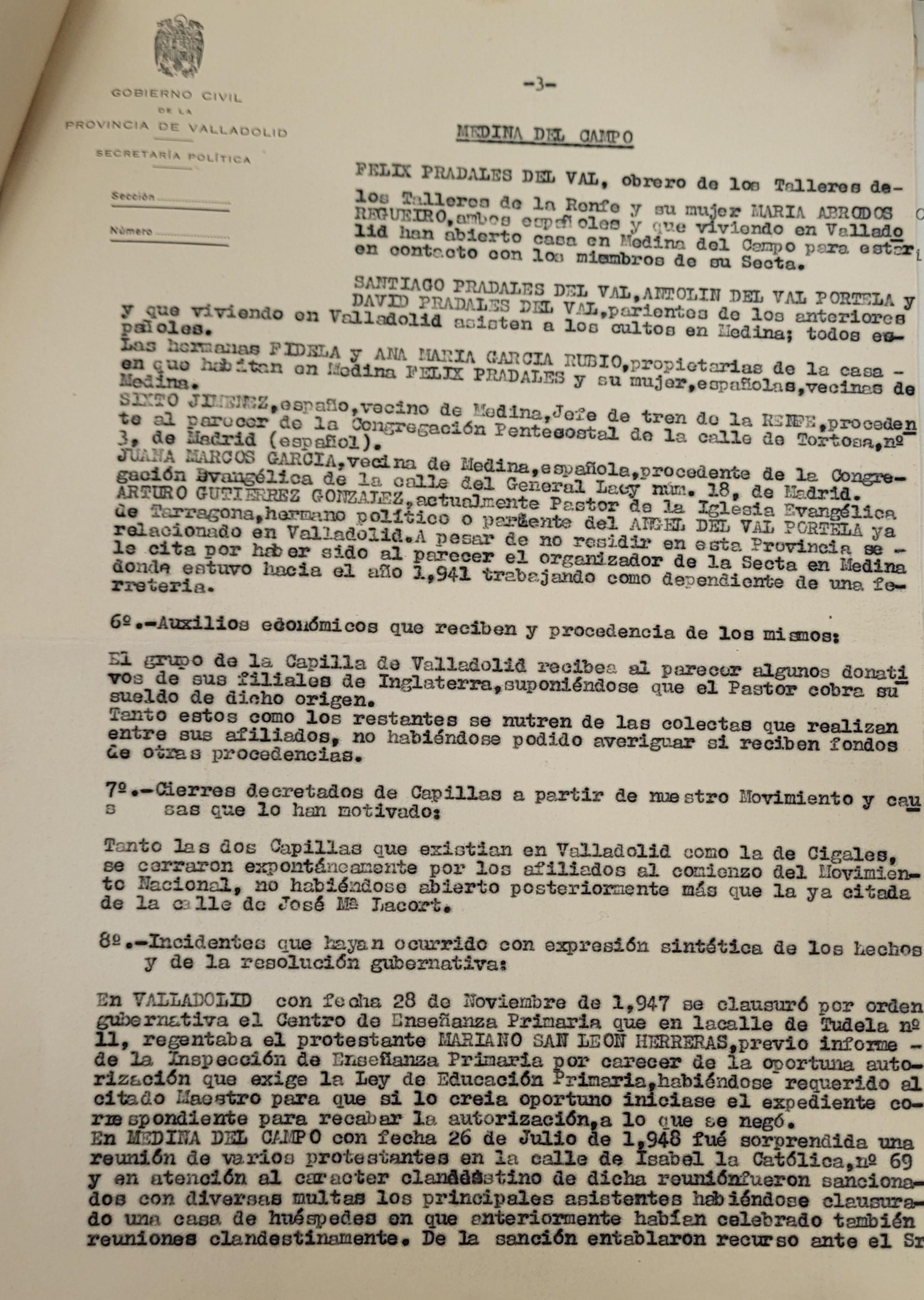 Escrito del Gobierno Civil en Valladolid en 1948.