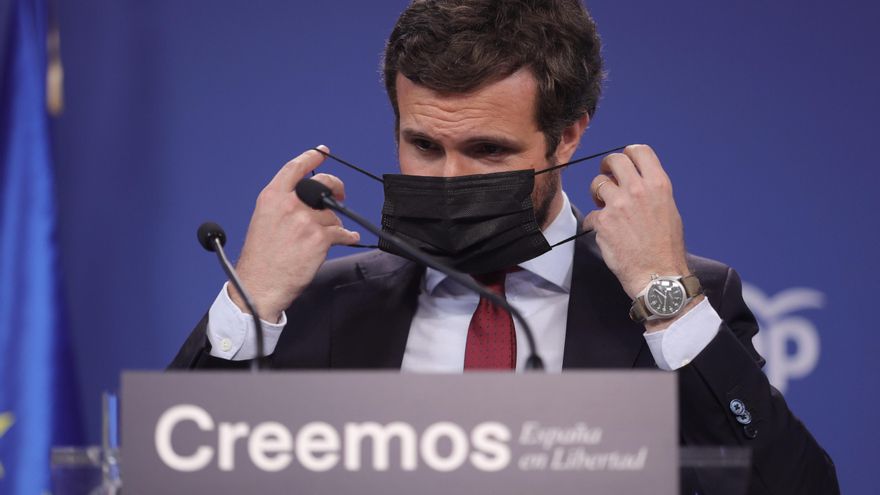 El presidente del PP, Pablo Casado, durante una rueda de prensa en la sede del partido