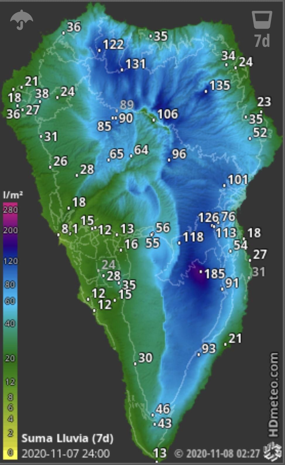 Mapa de HD Meteo La Palma de la lluvia caída en la Isla entre el 1 y el 7 de noviembre.