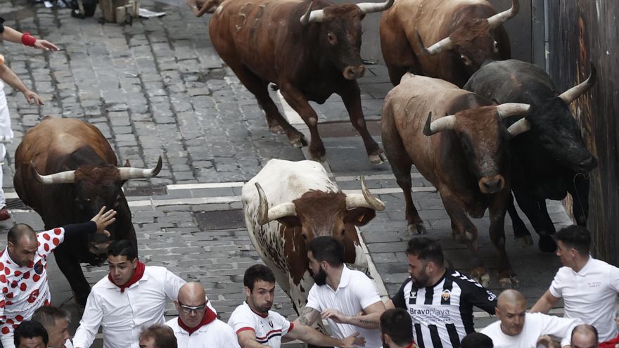 Los mozos durante el octavo y último encierro de los Sanfermines con toros de la ganadería de Miura en el tramo de Mercaderes con Estafeta este jueves en Pamplona. EFE/ Jesus Diges