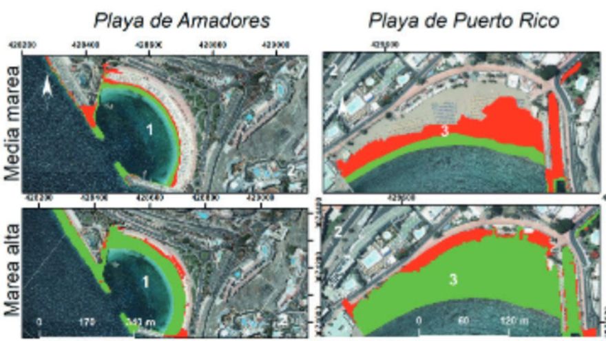 Playa de Amadores y Puerto Rico, en Mogán. En verde, área inundada con las condiciones actuales en caso de que haya tormenta. En rojo, la proyección en el futuro. 