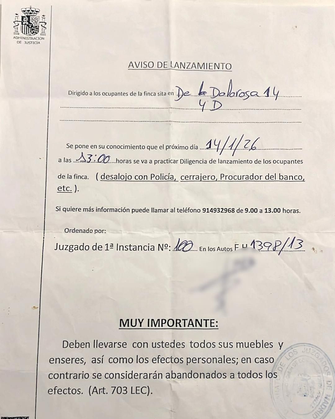 Imagen del aviso de lanzamiento para la casa de Villaverde, donde conviven una señora de 65 años y sus dos nietos, de 5 y 10