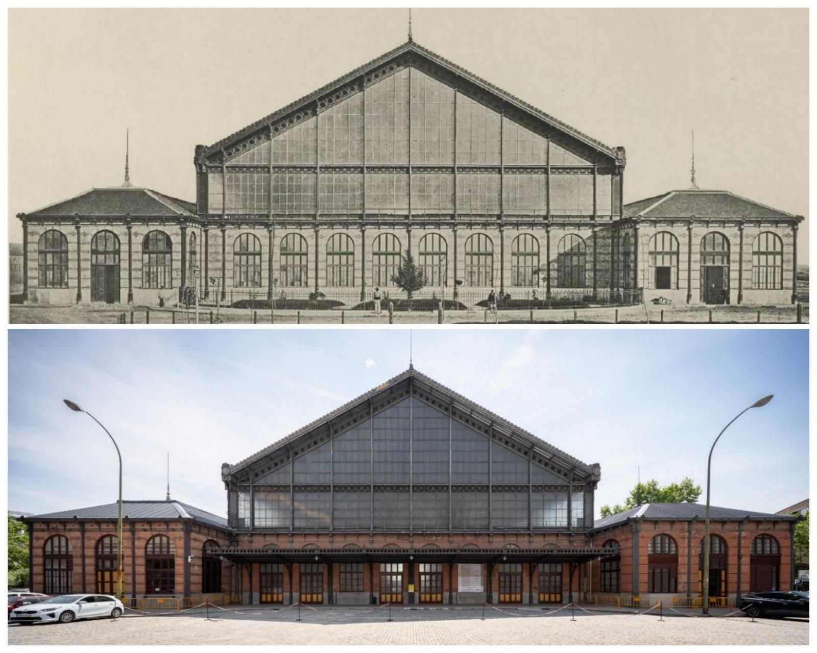 Fachada original de la Estación de las Delicias (arriba) frente a su aspecto actual (debajo)