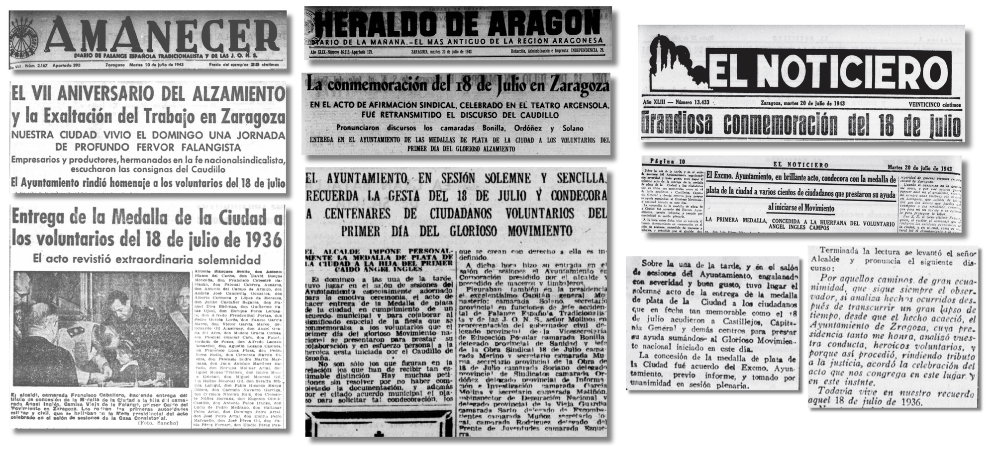 Recortes de prensa de la época con la entrega de medallas.