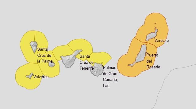 Avisos amarillos y naranjas para este sábado en Canarias.