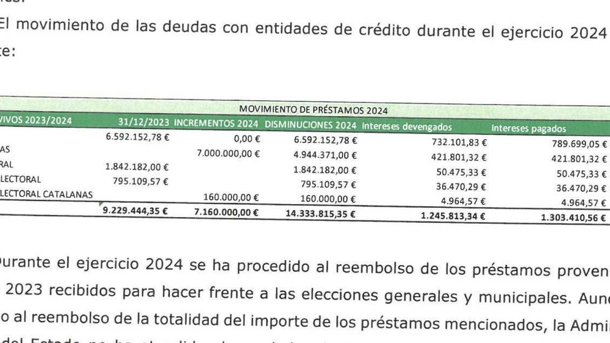 Extracto de las cuentas de Vox que admiten los préstamos