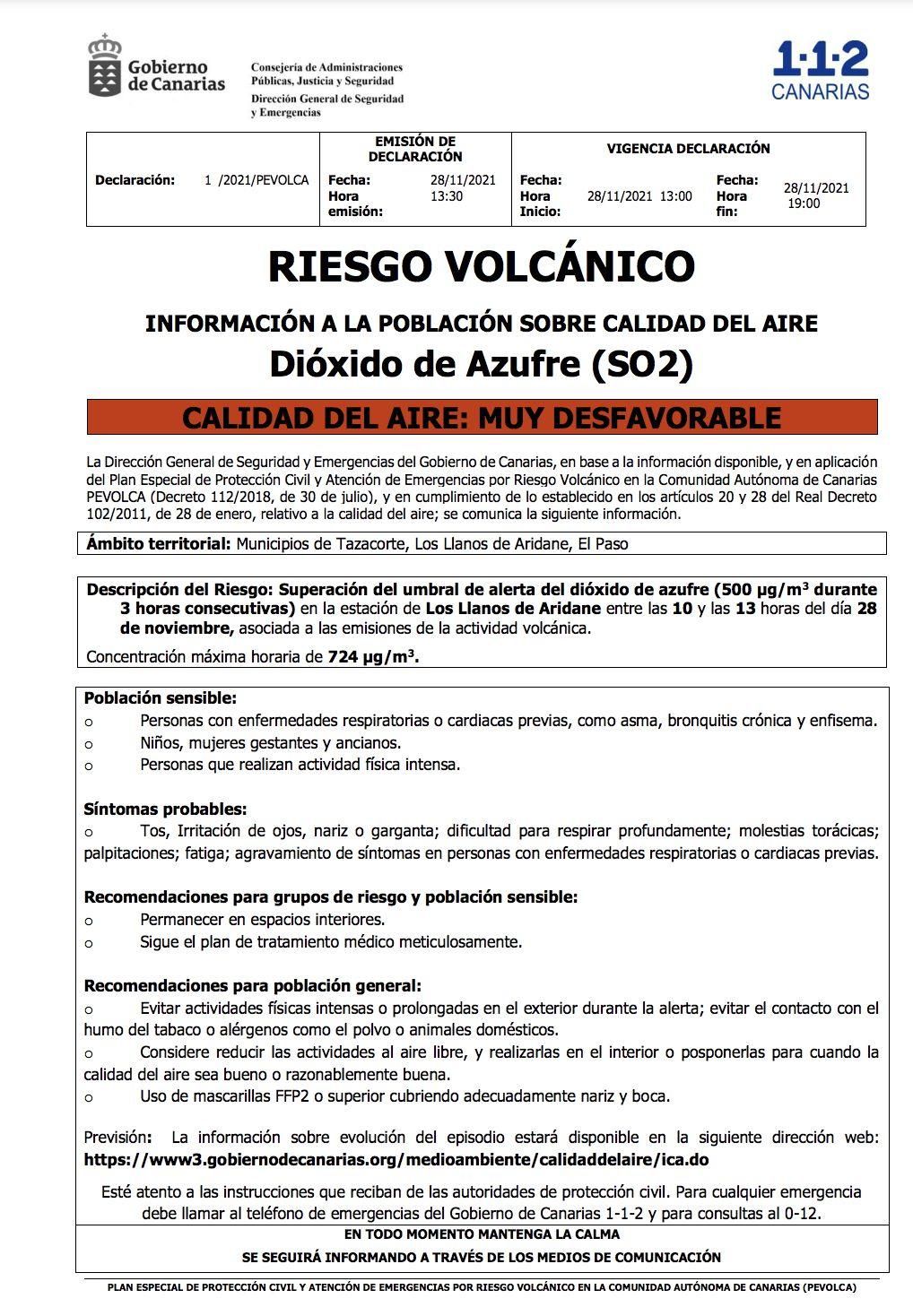 Riesgo volcánico. Información a la población sobre la calidad del aire.