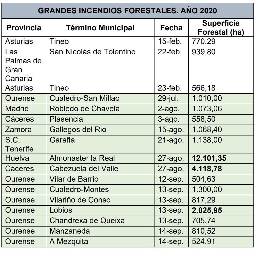 Relación de grandes incendios en 2020