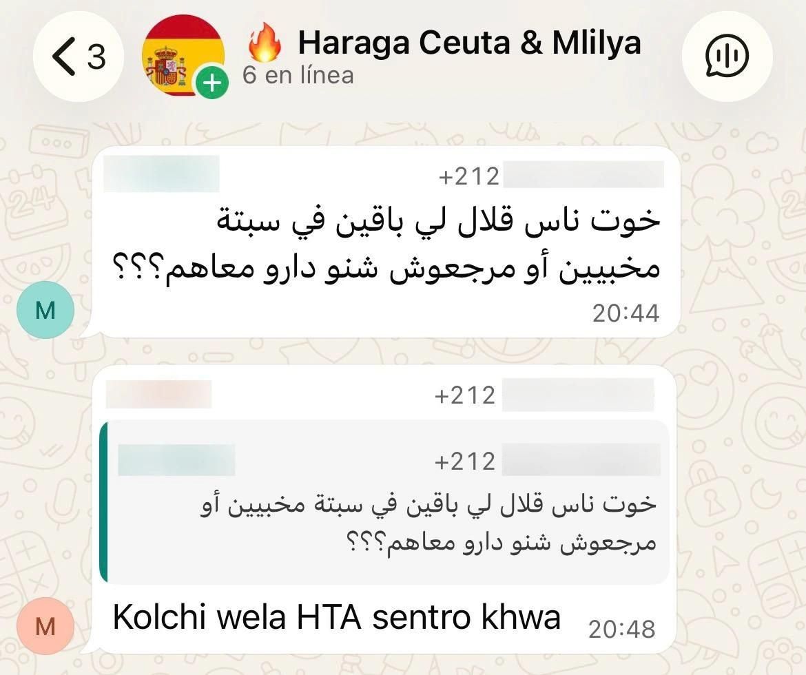 Mensaje en el que una persona del grupo preguntaba el 2 de agosto de 2026: “Hermanos, ¿qué pasó con las pocas personas que quedan escondidas en Ceuta y que no han vuelto? ¿qué les hicieron?” Otra responde: “Todos se han ido, ni siquiera quedaron en el centro, hermano”