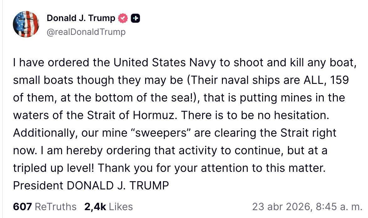 Truth Social de Trump sobre el minado de Ormuz.
