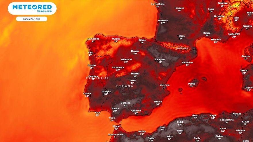 Previsión de temperaturas para este lunes a las 17 horas.