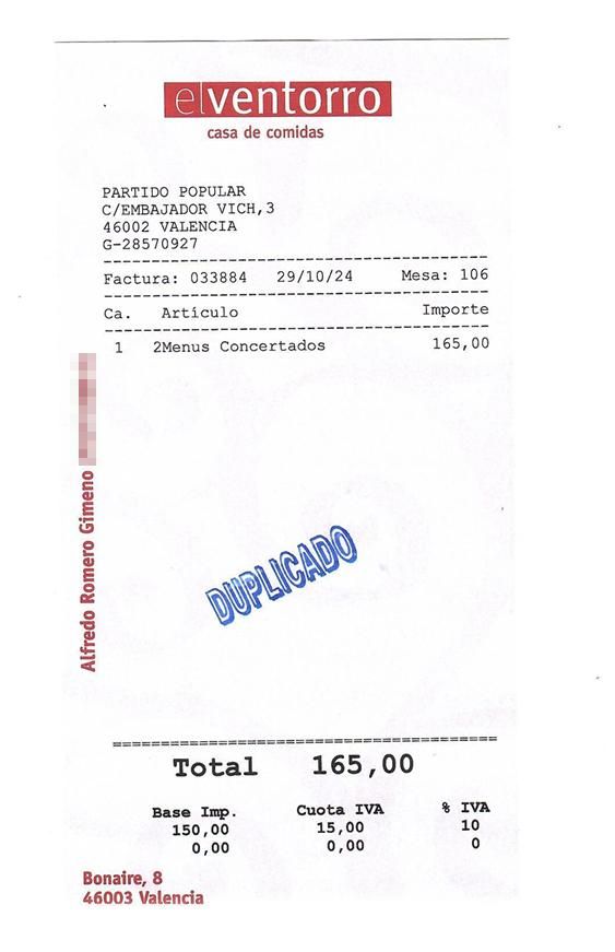 Duplicado de la factura de la comida de Mazón y Vilaplana en El Ventorro, sin hora de cobro