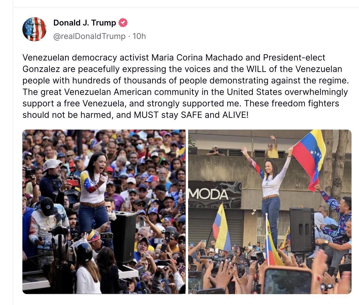 Post de Donald Trump sobre Corina Machado y Edmundo González en Truth Social el 9 de enero de 2025.