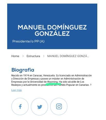 La biografía de Manuel Domínguez en la web del PP hasta este mismo viernes.