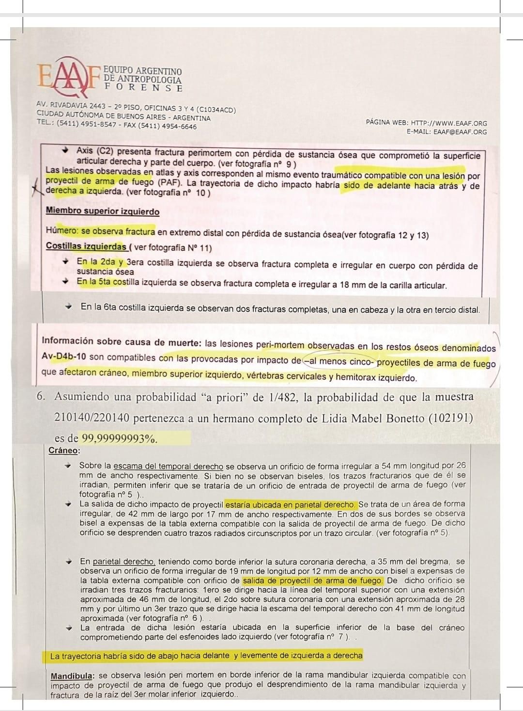 Certificado del Equipo Argentino de Antropología Forense que confirma que los restos hallados son los de Roberto Bonetto.