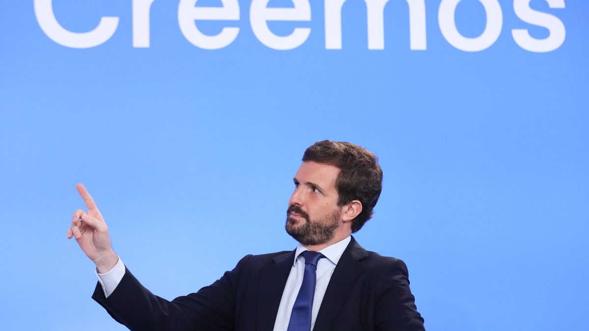 El presidente nacional del Partido Popular, Pablo Casado, durante el curso ‘España, Europa y libertad’ que organiza el Grupo del PPE. En San Lorenzo de El Escorial (Madrid) a 6 de julio de 2021.
