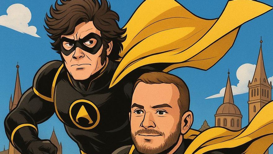 Javier Milei (i) y Alejandro Nimo, en un dibujo con IA que los caracteriza como superhéroes publicado en la cuenta de X de Nimo.