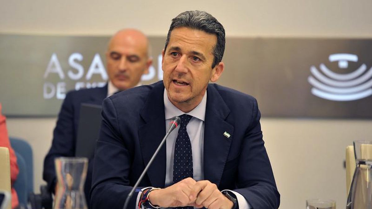 Víctor Píriz, secretario general de Economía, Empresa y Comercio en la Junta de Extremadura, explicando los cambios en el proyecto de AESC-Envision en Navalmoral de la Mata, este viernes en el Parlamento extremeño en Mérida